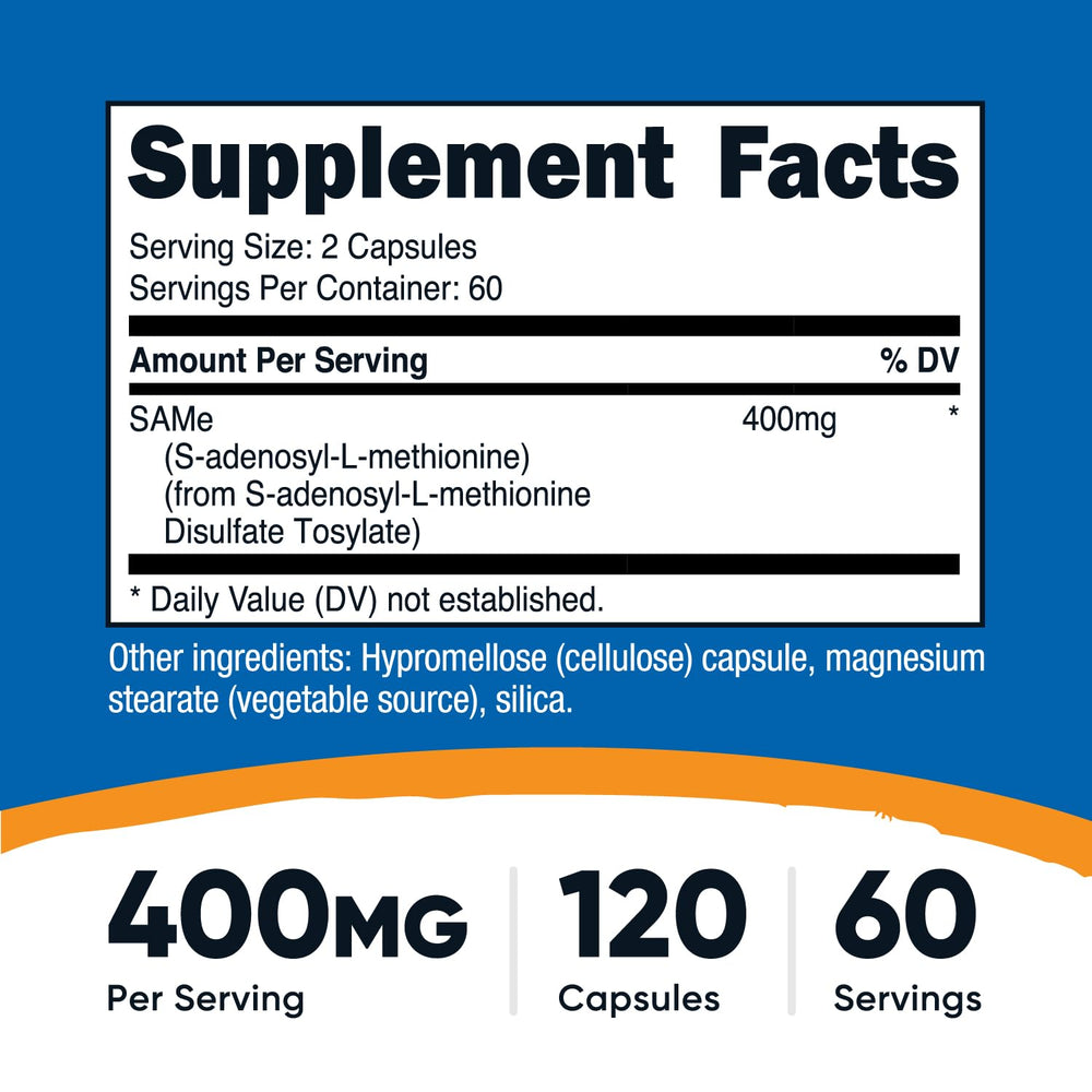 Nutricost SAM-e capsules close-up showing vegetarian capsules for easy swallowing.
