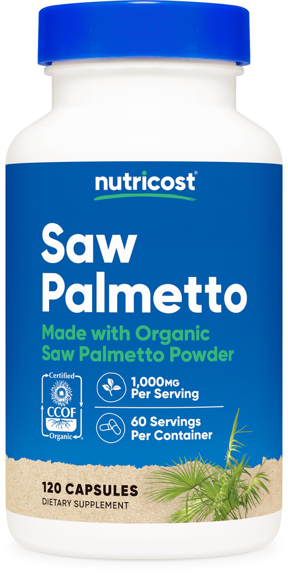 Nutricost Saw Palmetto bottle front with label, organic formula for daily use