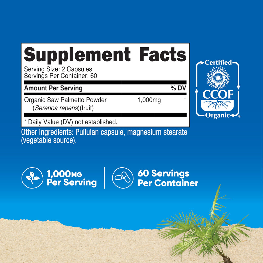 Nutricost Saw Palmetto bottle side showing ingredients, non-GMO and gluten-free