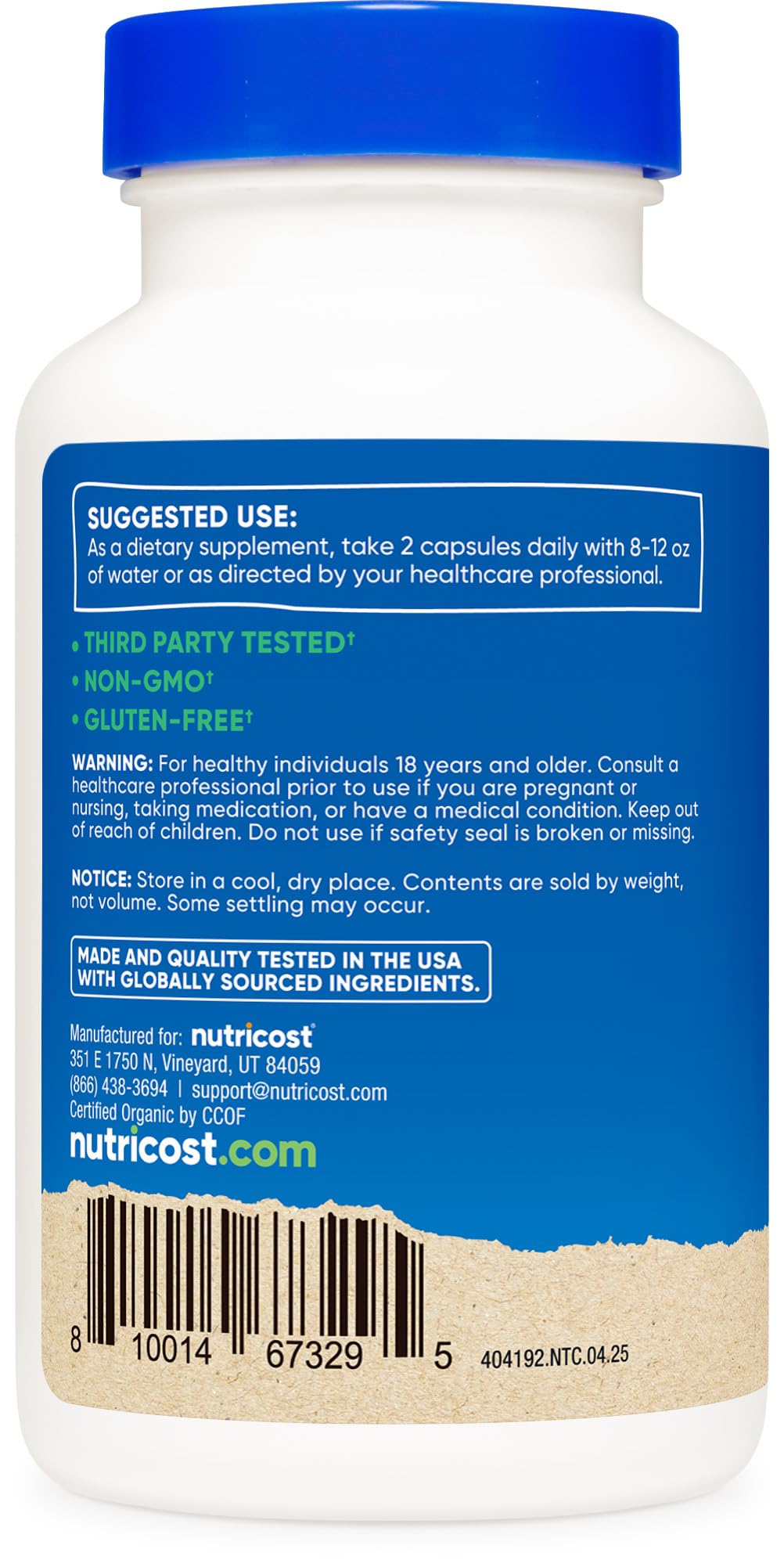 Nutricost label highlighting CCOF organic certification