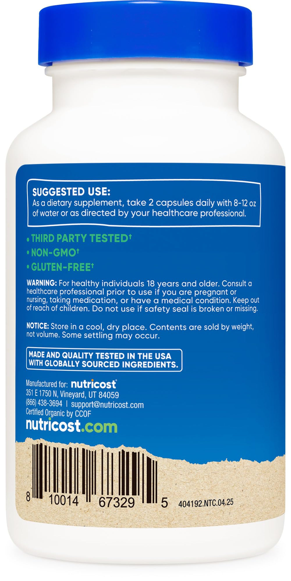 Nutricost label highlighting CCOF organic certification