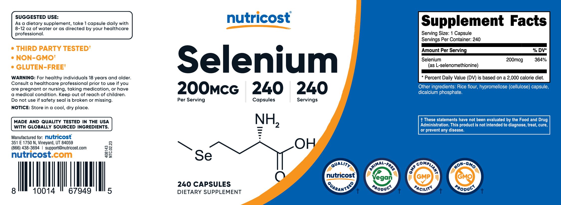 Nutricost Selenium bottle back label with everyday intake directions