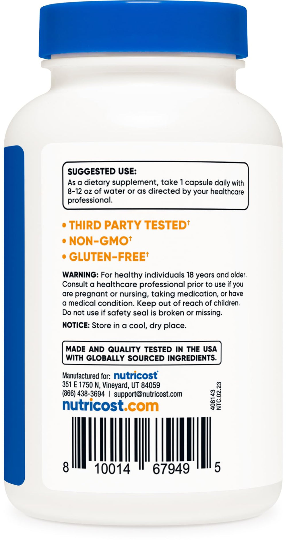 Nutricost Selenium label detail highlighting gluten-free and non-GMO qualities
