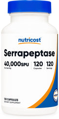 Nutricost Serrapeptase 40,000 SPU bottle highlights gluten-free, vegetarian-friendly formula.