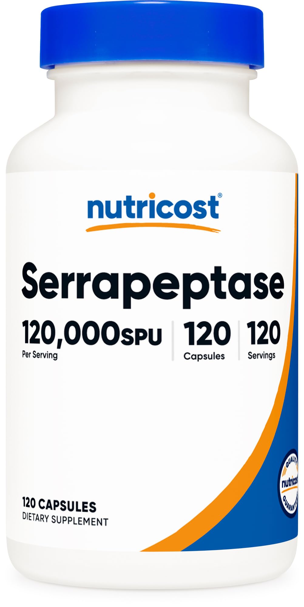 Nutricost Serrapeptase bottle displays 120,000 SPU per capsule for daily wellness