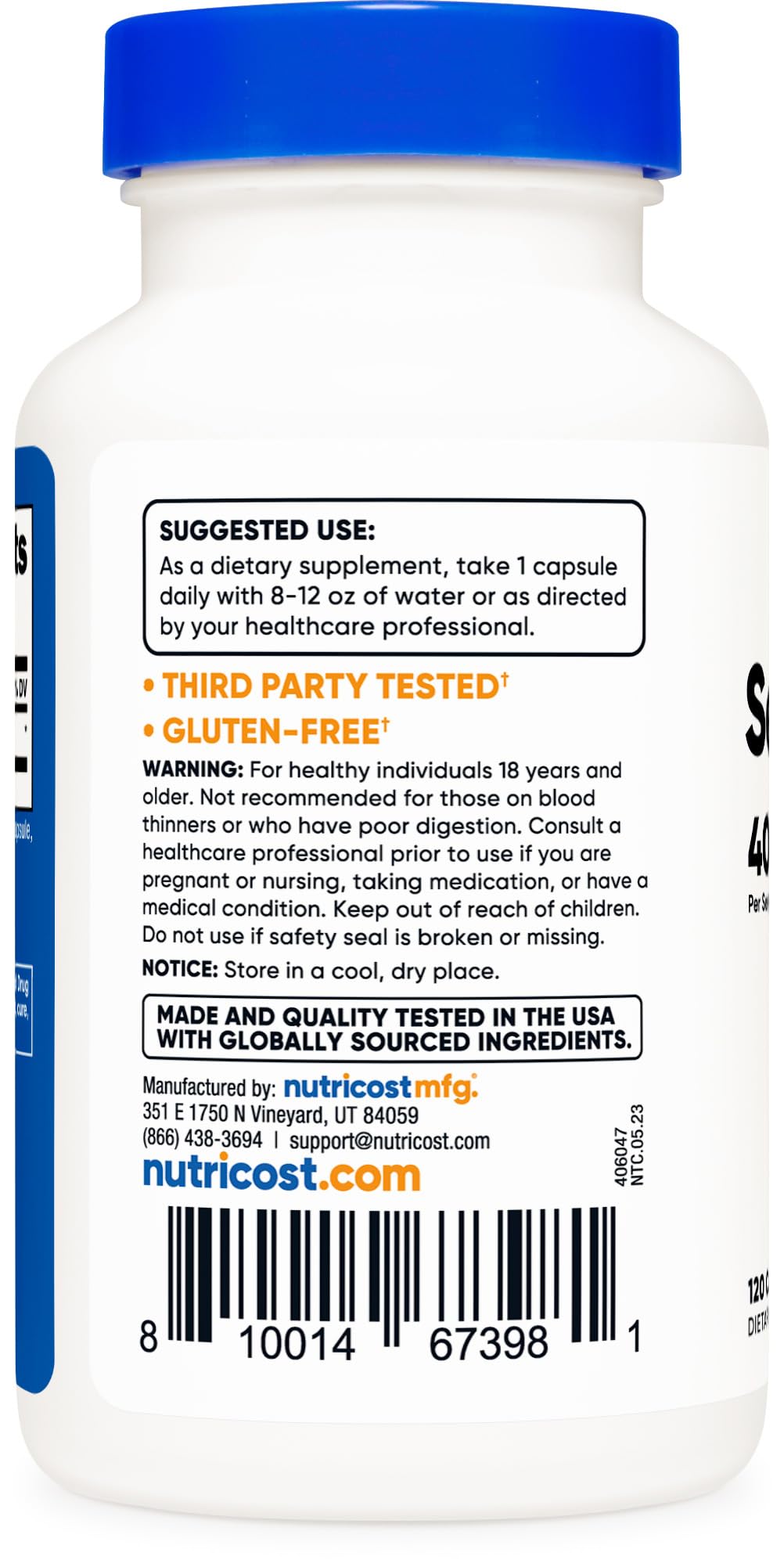 Nutricost Serrapeptase packaging displays gluten-free and non-GMO labels.
