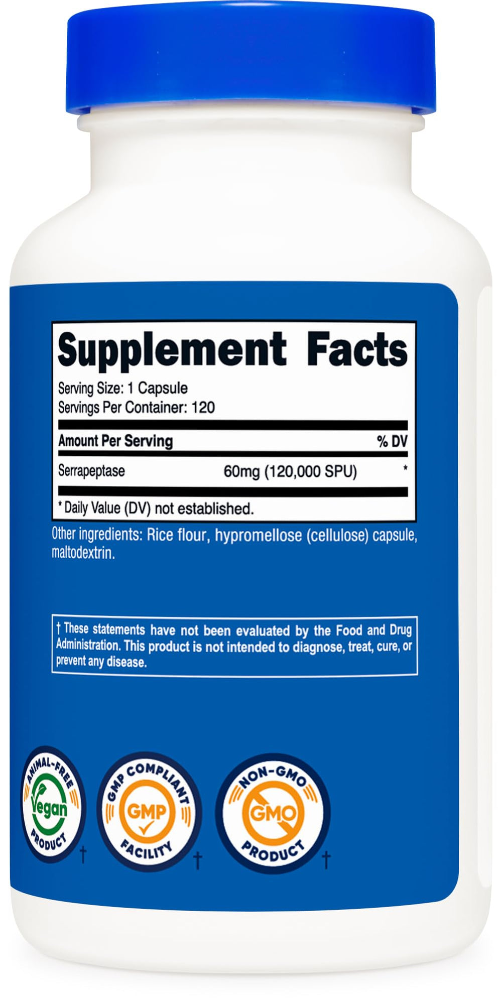 Nutricost Serrapeptase bottle and serving info show 1 capsule per serving