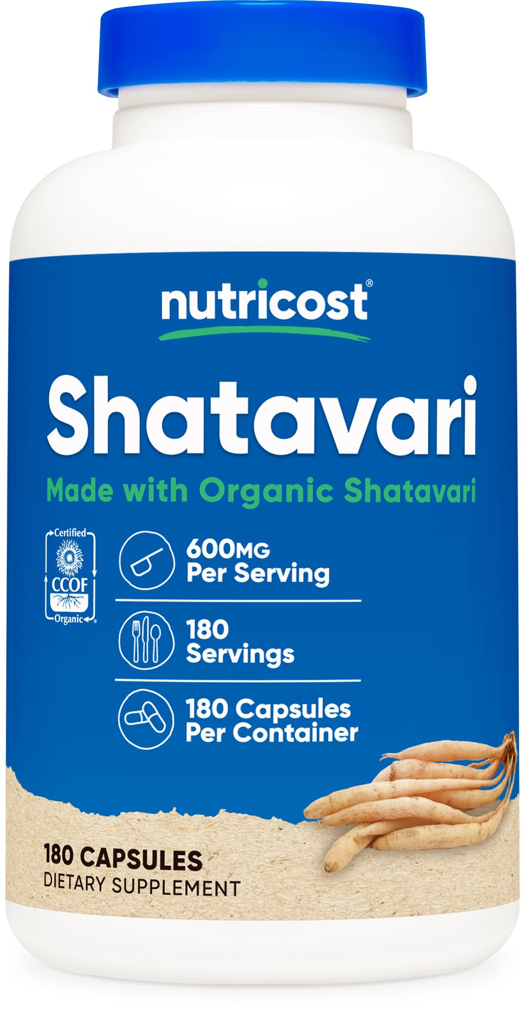 Nutricost Shatavari 600mg bottle front view showing 180 capsules for daily balance