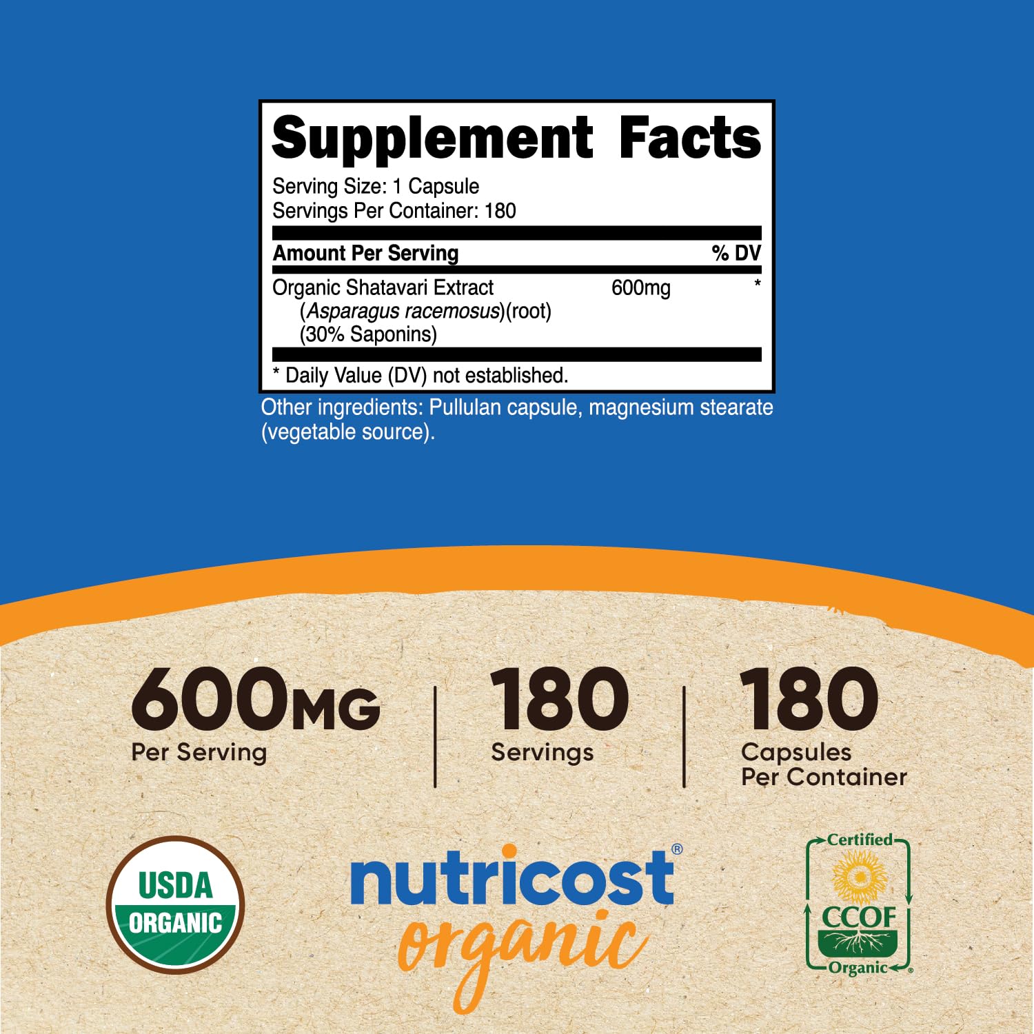 Nutricost Shatavari 600mg capsules close-up highlighting plant-based formulation for daily use