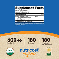 Nutricost Shatavari 600mg capsules close-up highlighting plant-based formulation for daily use