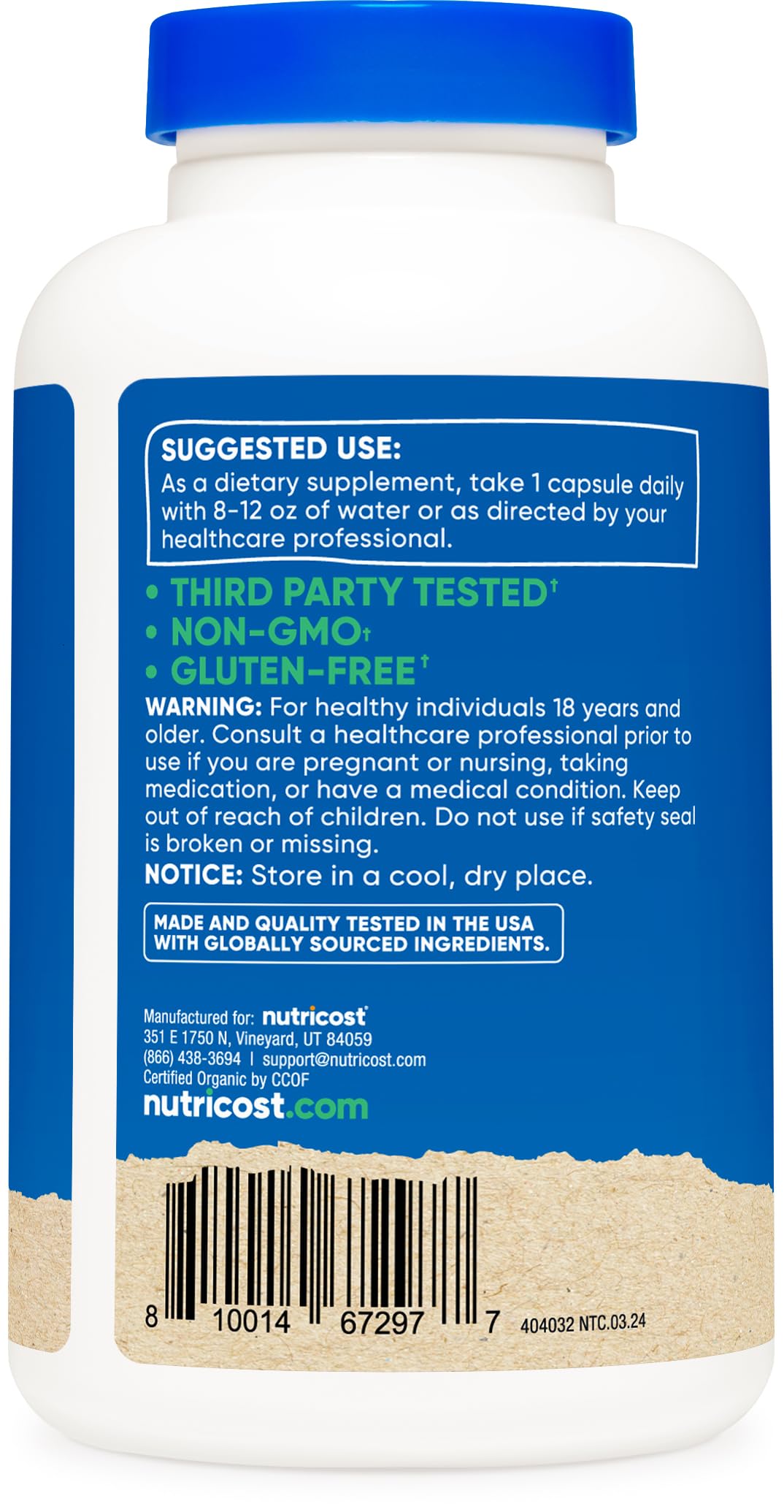 Nutricost Shatavari 600mg organic certification seal on the bottle