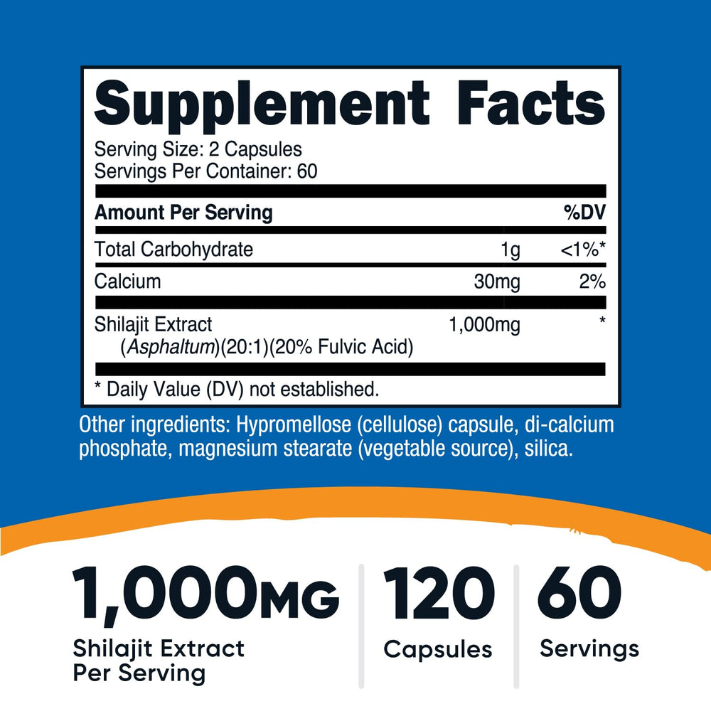 Close-up of Nutricost Shilajit capsules showing 1,000 mg potency.