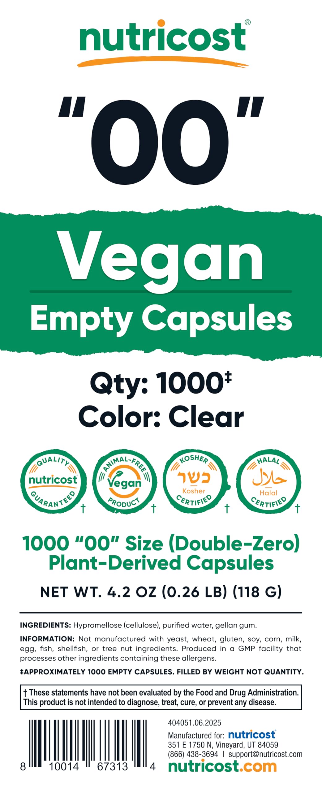 Nutricost size 00 capsules capacity 600–1100 mg per fill for flexible formulations.