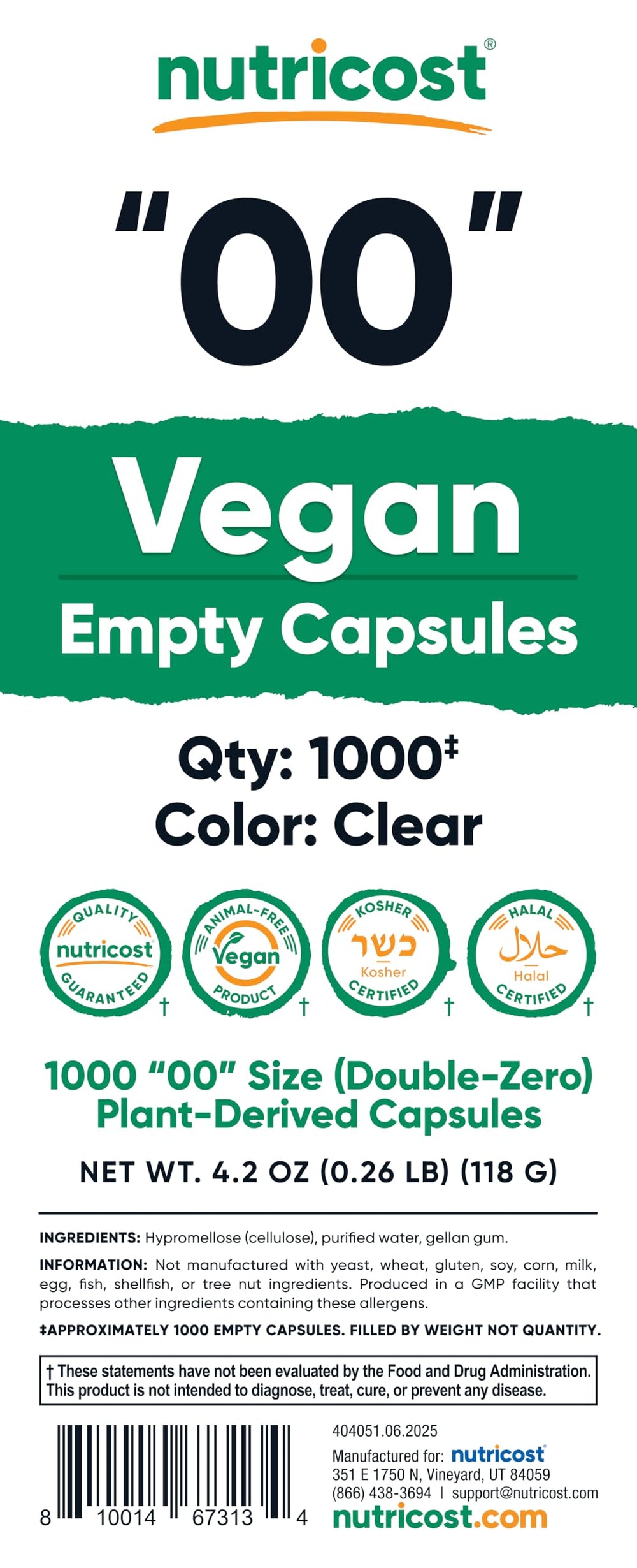 Nutricost size 00 capsules capacity 600–1100 mg per fill for flexible formulations.