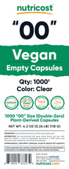 Nutricost size 00 capsules capacity 600–1100 mg per fill for flexible formulations.