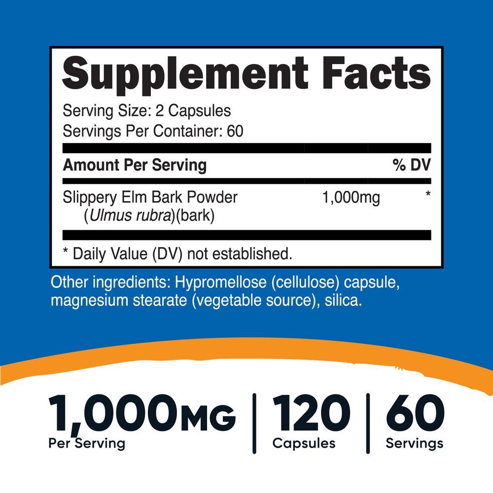 Nutricost Slippery Elm Bark Capsules bottle side view for daily routine.