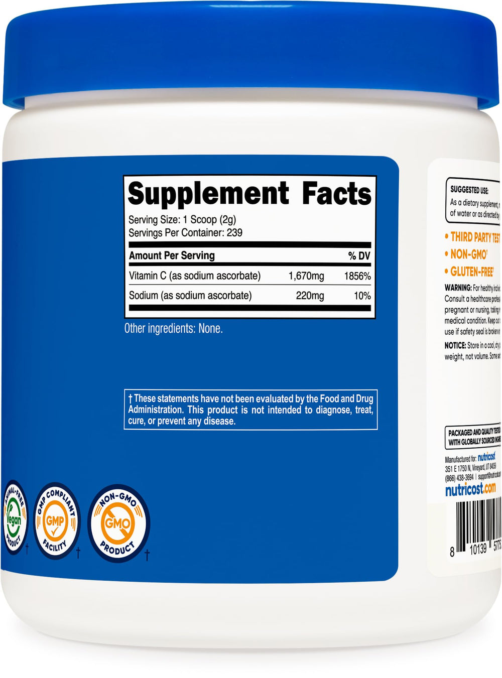 Nutricost Sodium Ascorbate Powder produced in NSF GMP FDA registered facility ensures quality.