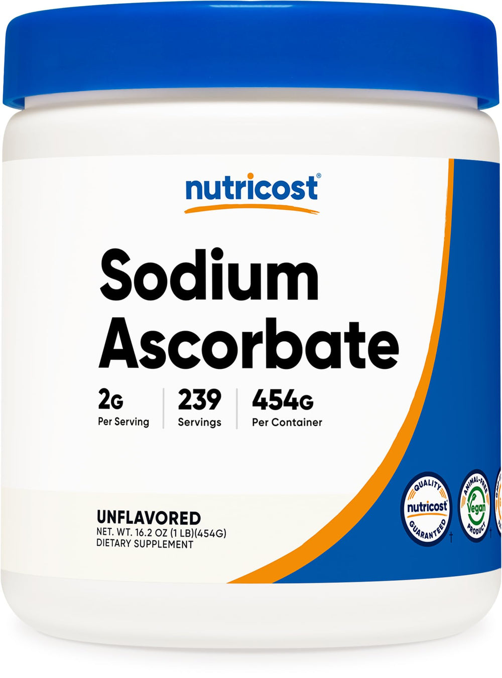 Nutricost Sodium Ascorbate Powder packaging showing pure unflavored formula easy to mix.