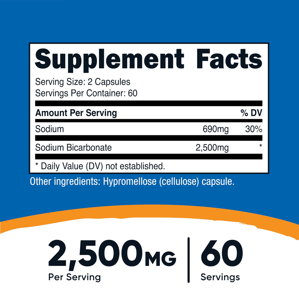 Nutricost Sodium Bicarbonate capsules close-up showing 2500 mg per serving