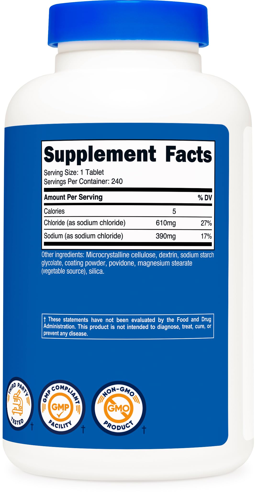 Facility certification logos indicating NSF GMP FDA compliance on bottle