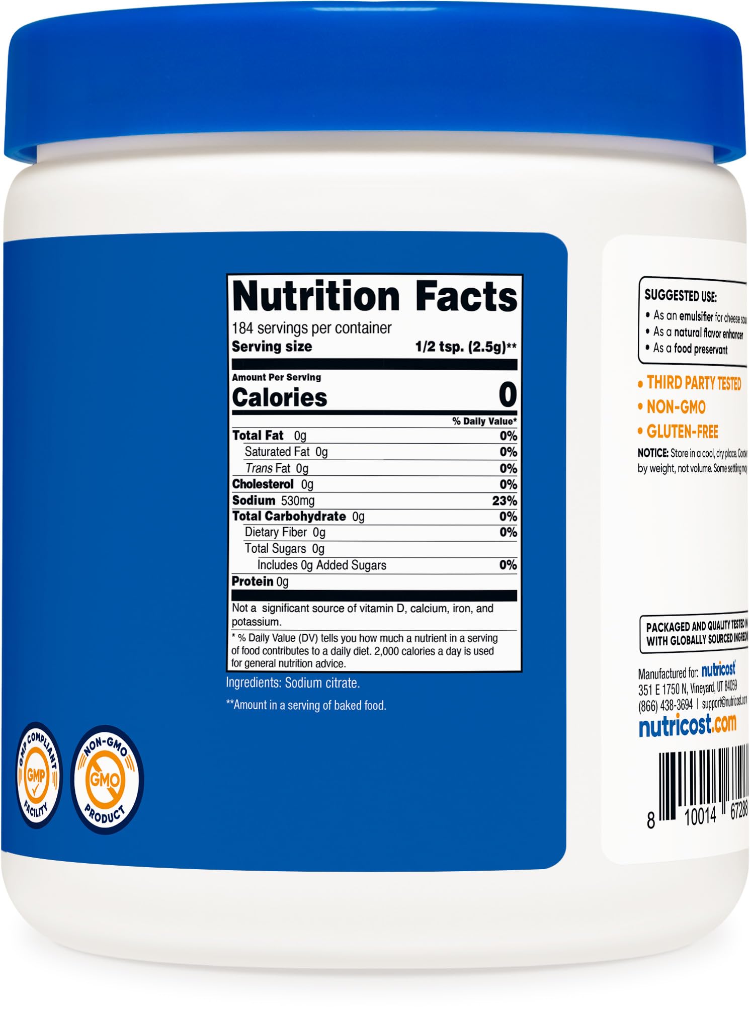 Nutricost Sodium Citrate packaging showing 1 lb and 2 lb options for kitchen use.