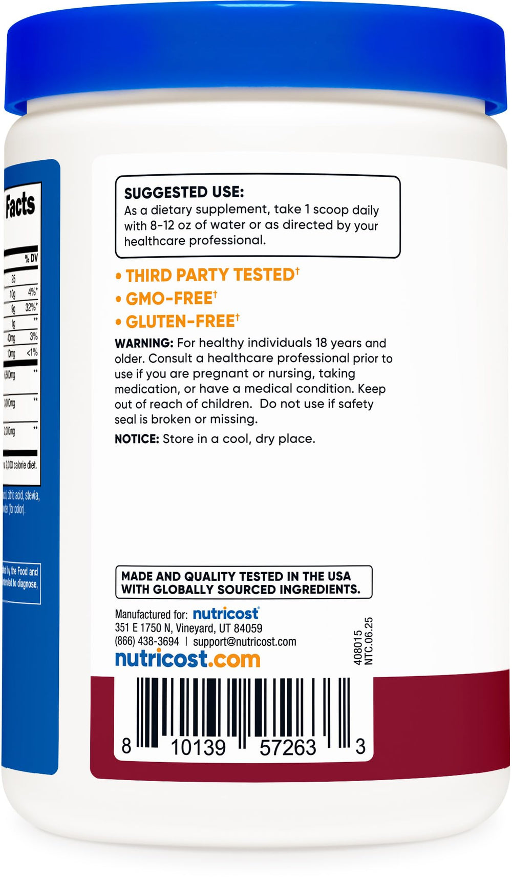 Close-up of Nutricost Soluble Fiber berry powder label.