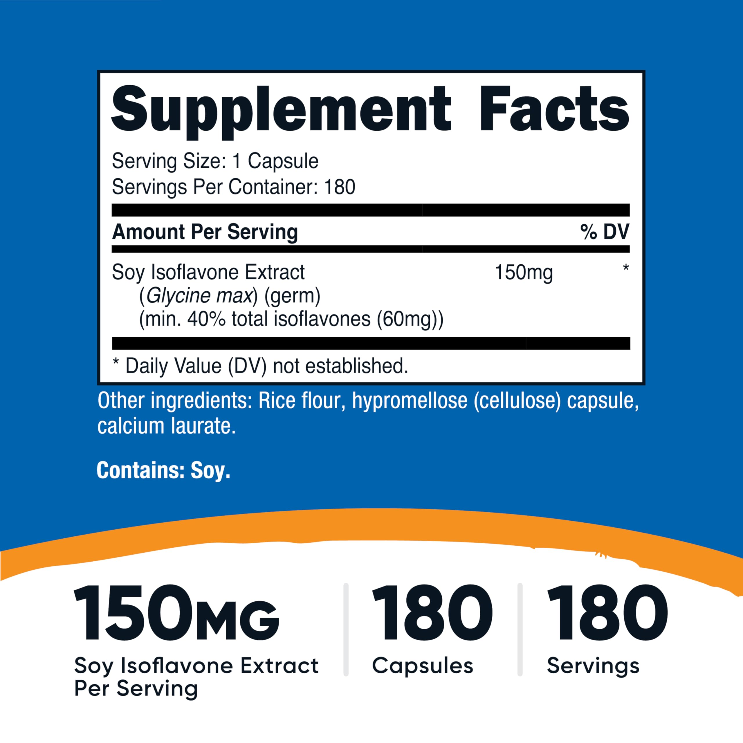 Nutricost Soy Isoflavones capsules closeup showing vegetarian capsules and 150 mg per serving.