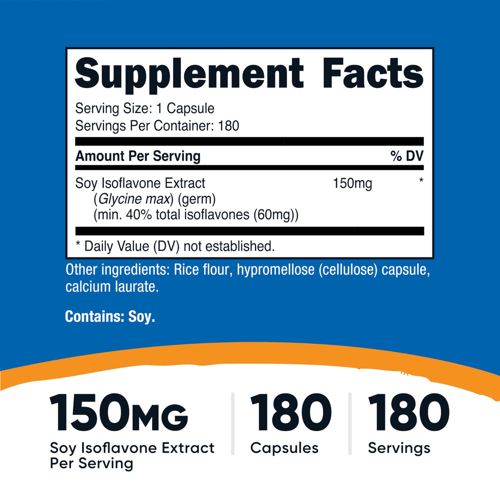 Nutricost Soy Isoflavones capsules closeup showing vegetarian capsules and 150 mg per serving.