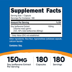 Nutricost Soy Isoflavones capsules closeup showing vegetarian capsules and 150 mg per serving.