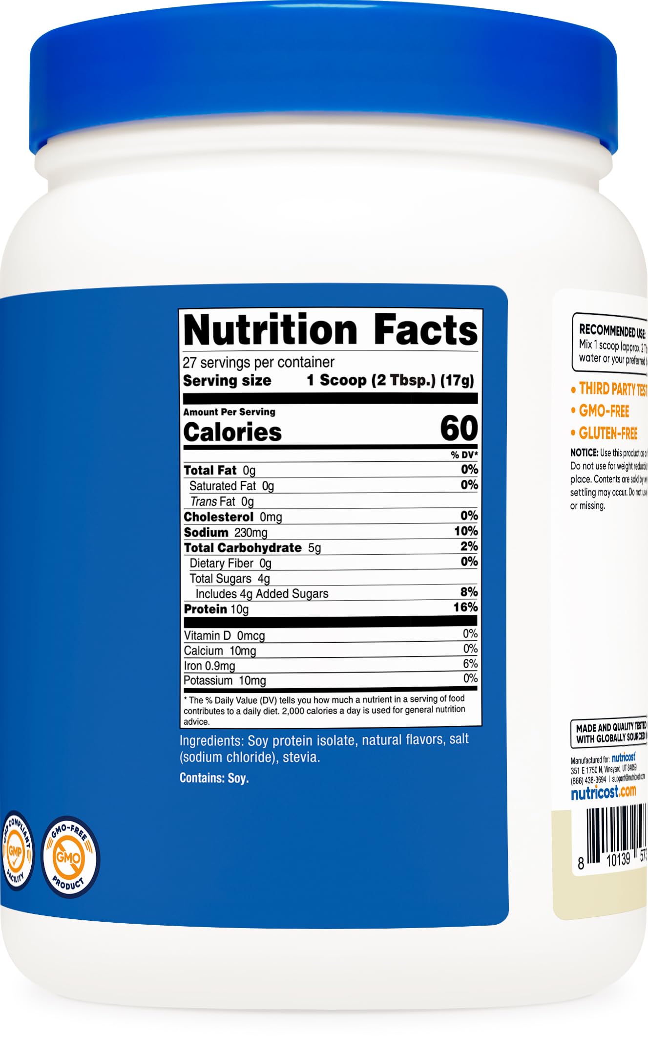 Nutricost facility GMP badge emphasizing trusted production and testing