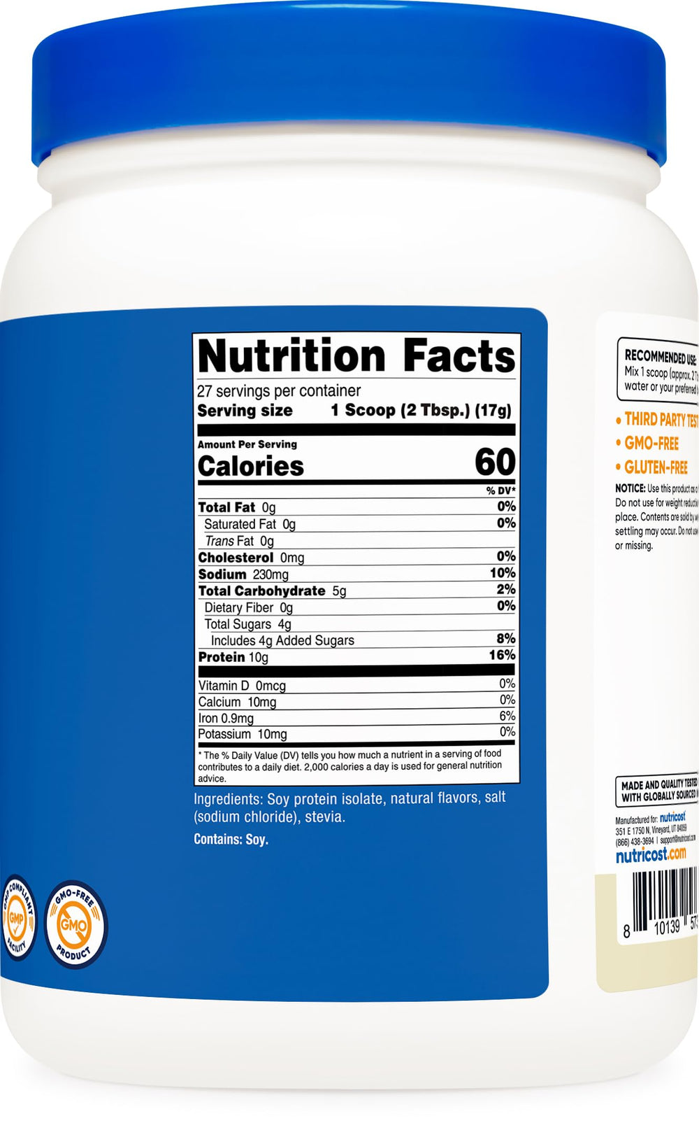 Nutricost facility GMP badge emphasizing trusted production and testing