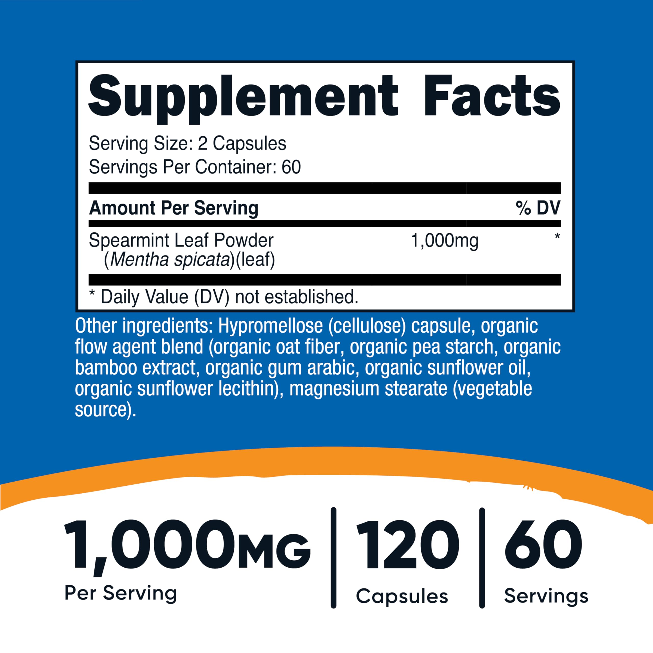 Nutricost Spearmint Leaf label close-up highlighting GMO-free and gluten-free formulation
