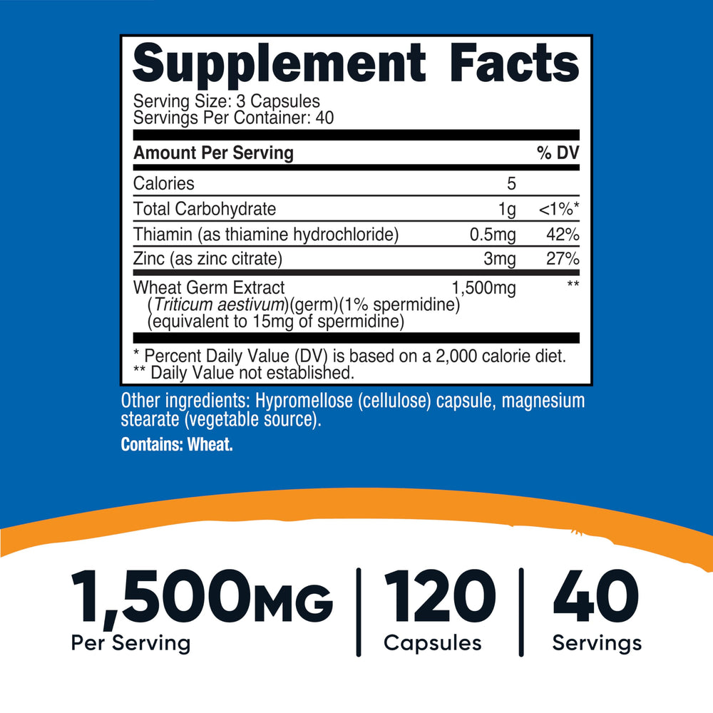 Close-up of Nutricost Spermidine Wheat Germ capsules for easy swallowing