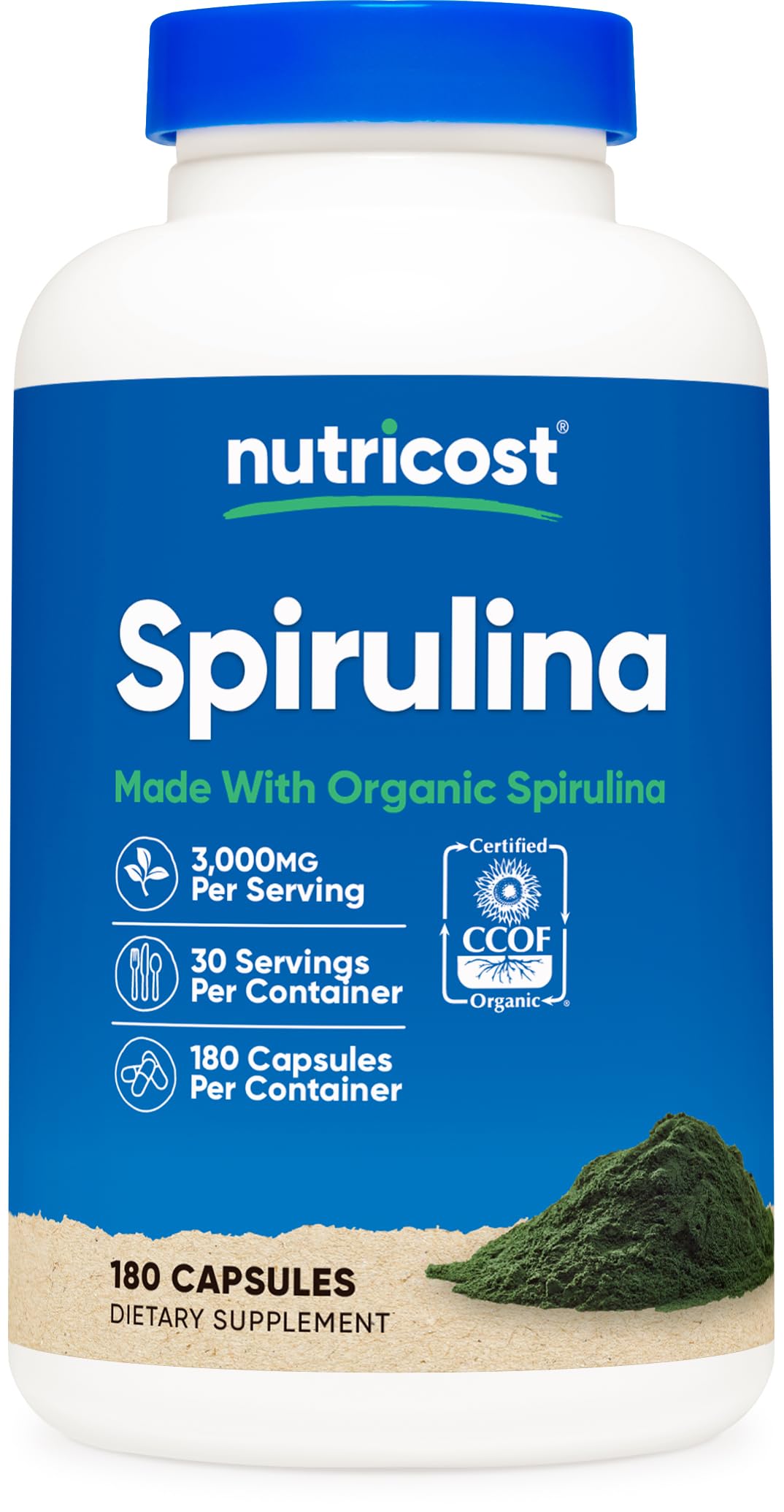 Nutricost Spirulina capsules in bottle for daily vegan-friendly nutrition