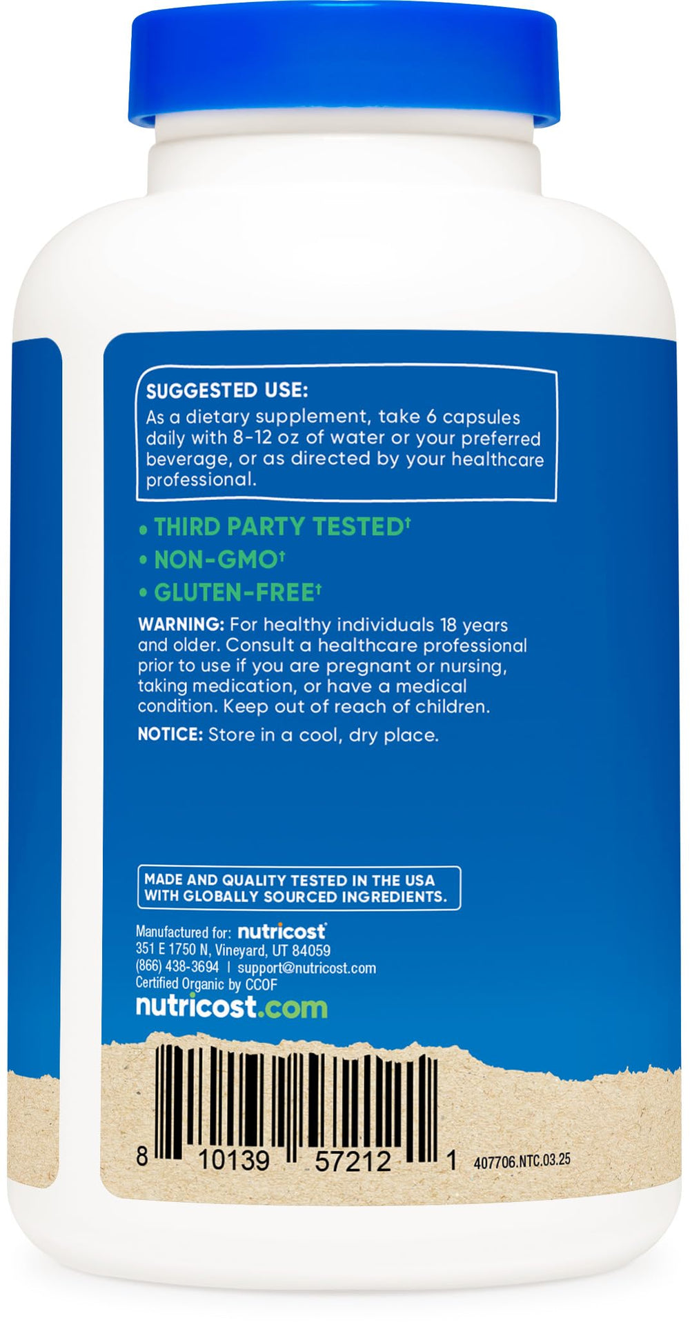 Nutricost Spirulina bottle label highlighting gluten-free and non-gmo attributes