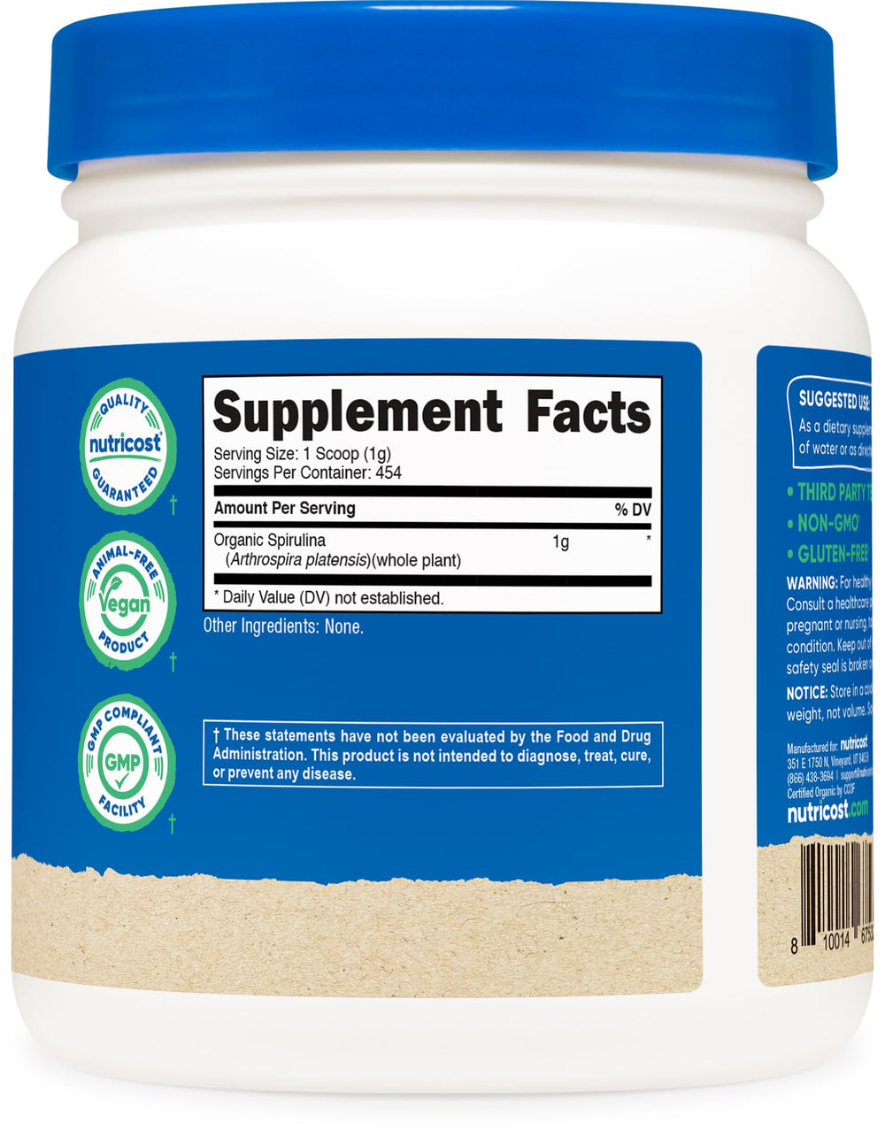 Nutricost spirulina labeled packaging; wholesome superfood at a glance.