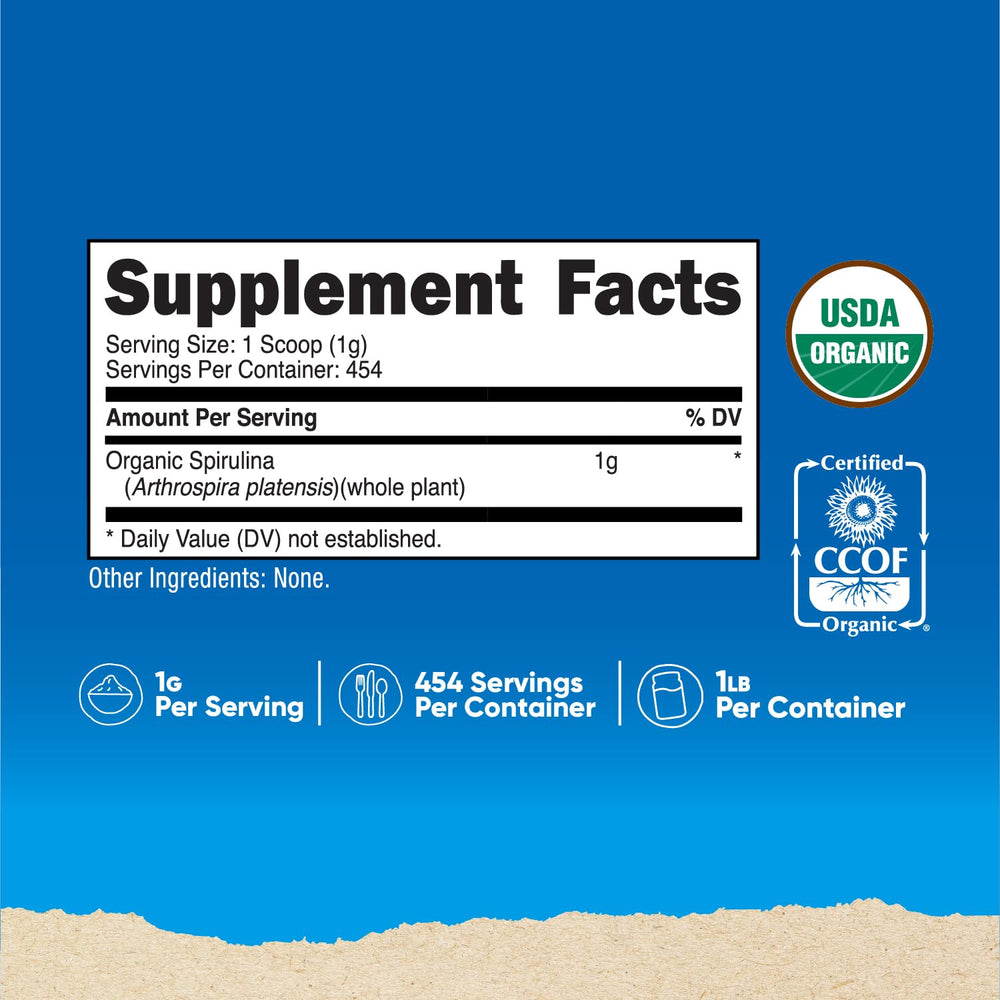 Nutricost spirulina pour bottle; convenient scoop for protein shakes.