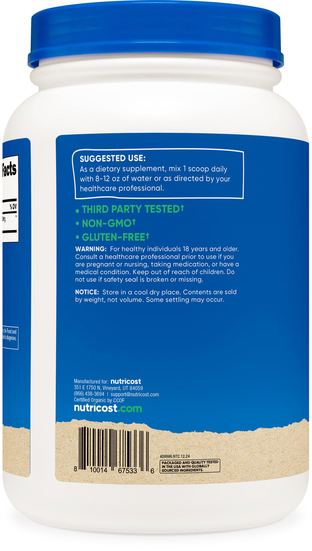 Nutricost Spirulina powder in bowl highlights vibrant green color.