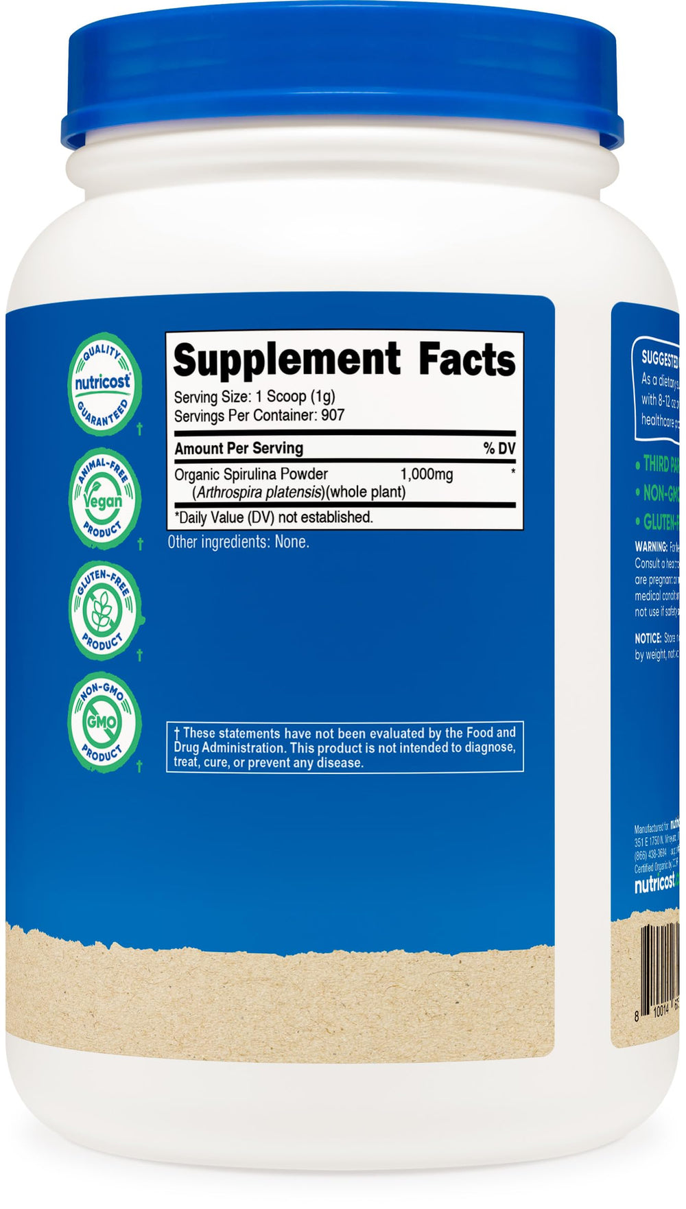 Nutricost Spirulina powder with spoon and blender ready for smoothies.