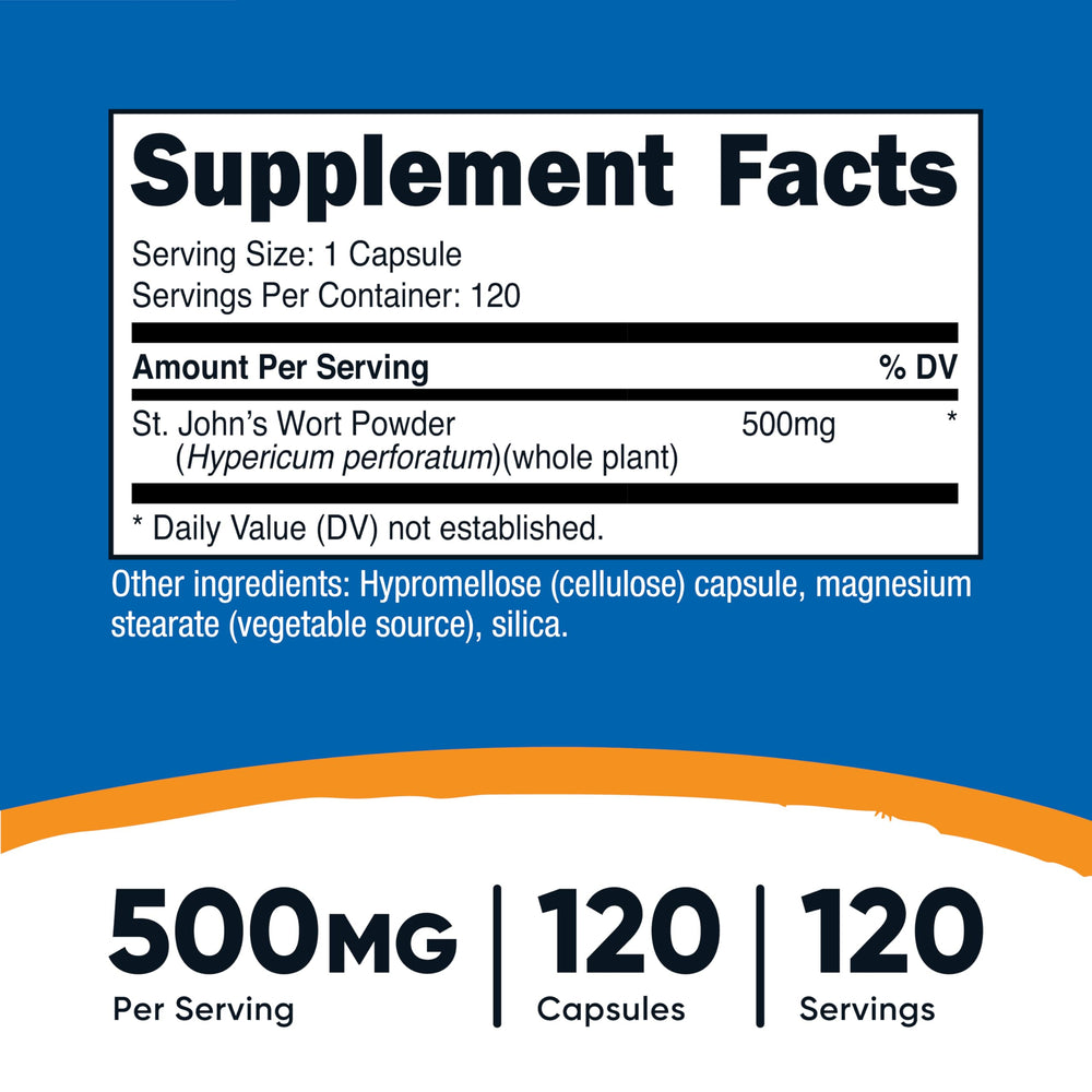 Nutricost St John’s Wort capsules closeup showing 500mg potency per capsule.