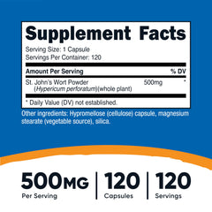 Nutricost St John’s Wort capsules closeup showing 500mg potency per capsule.