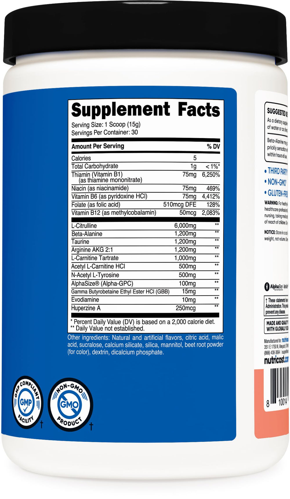Nutricost packaging on display highlighting non-GMO and gluten-free attributes.