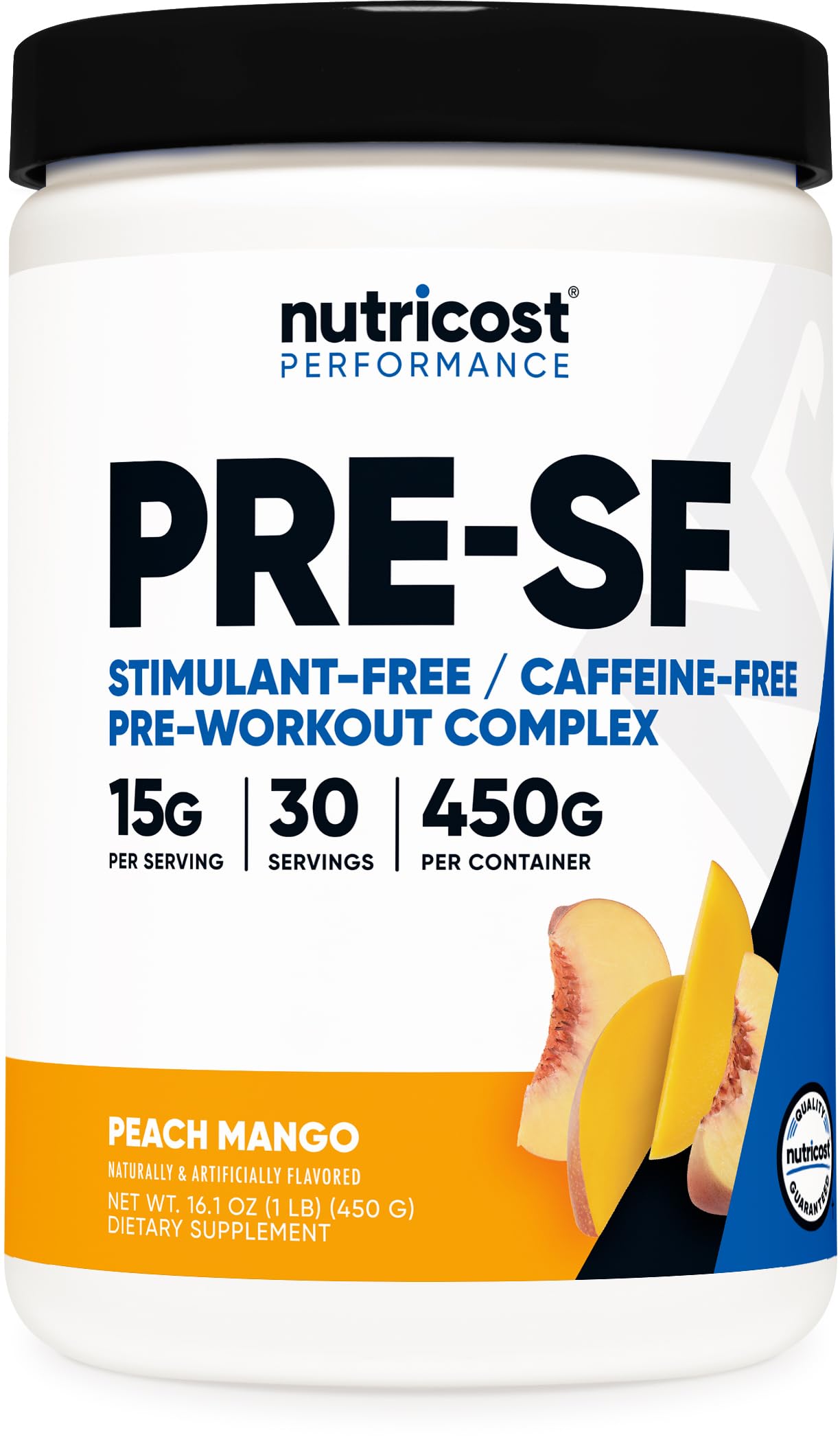 Nutricost Stim-Free Pre-Workout Peach Mango bottle shows stimulant-free energy support for workouts.