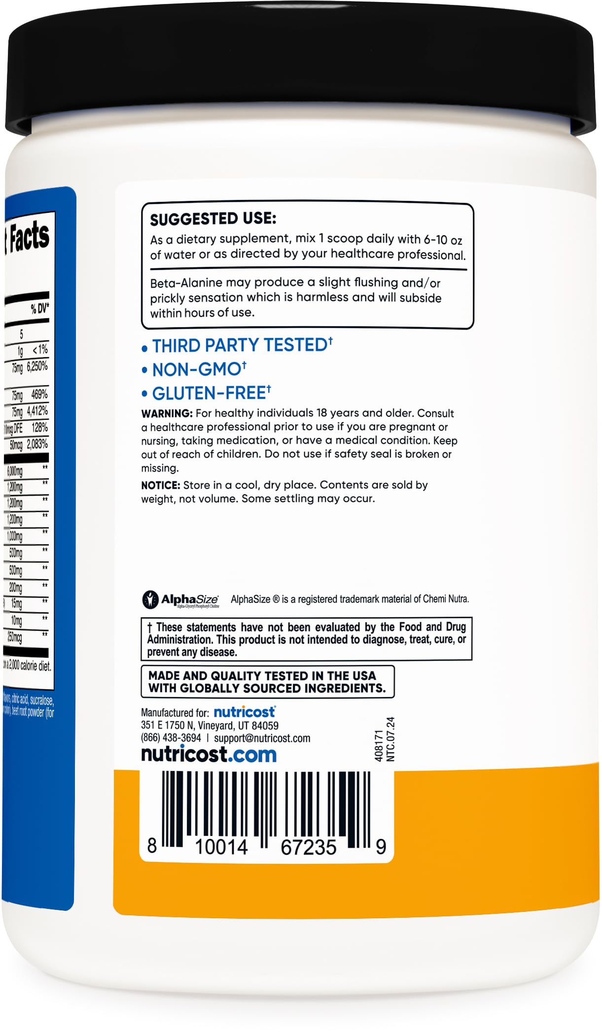 Nutricost Stim-Free Pre-Workout Peach Mango powder-dispense showcases smooth texture and mixability.