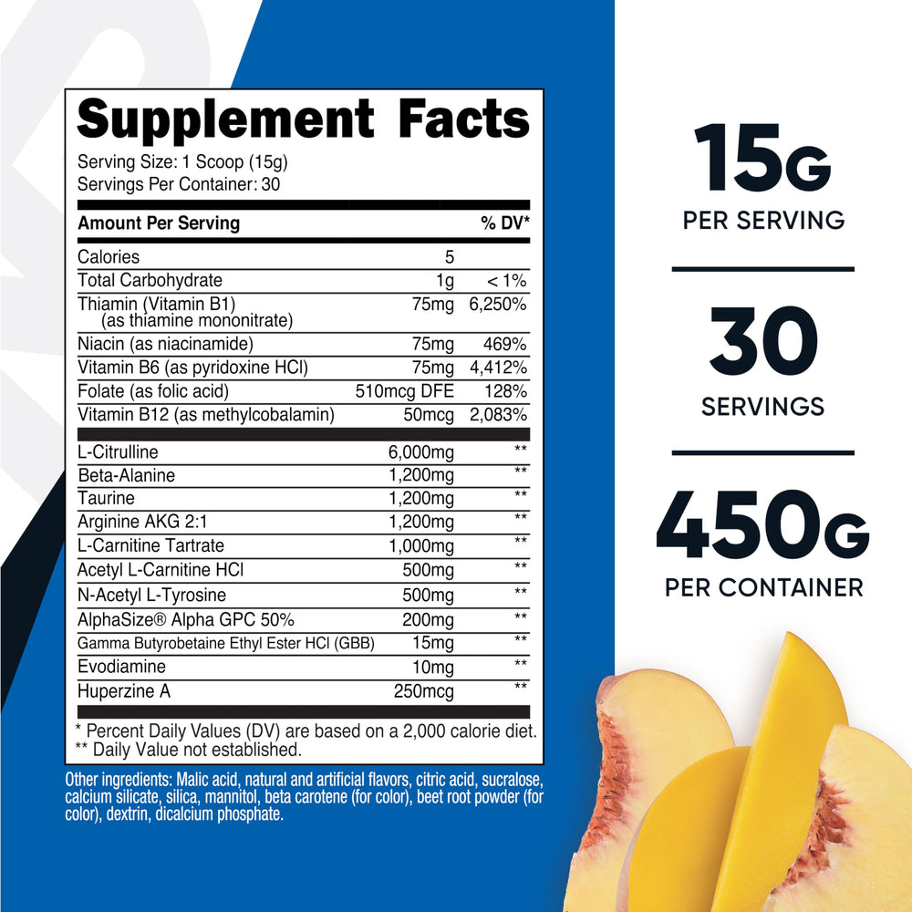 Nutricost Stim-Free Pre-Workout Peach Mango scoop highlights convenient serving size for peak performance.