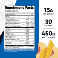 Nutricost Stim-Free Pre-Workout Peach Mango scoop highlights convenient serving size for peak performance.