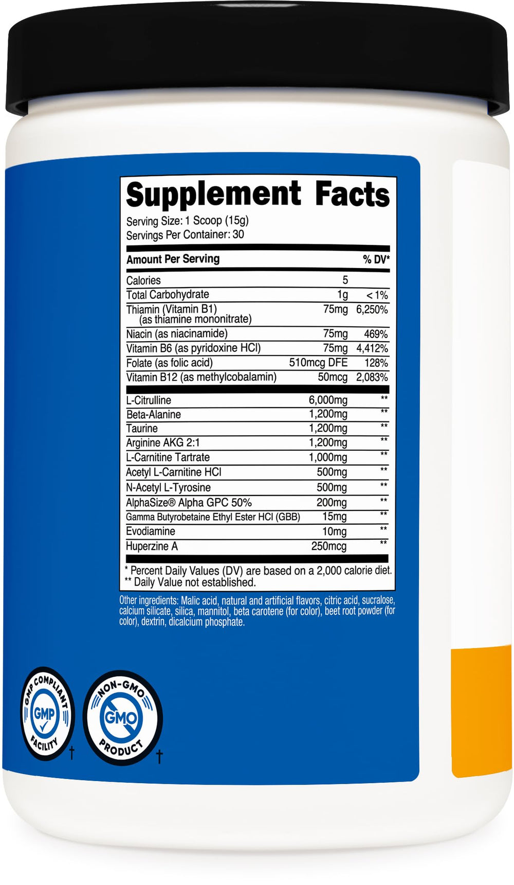 Nutricost Stim-Free Pre-Workout Peach Mango serving-cup implies ready-to-mix convenience for workouts.