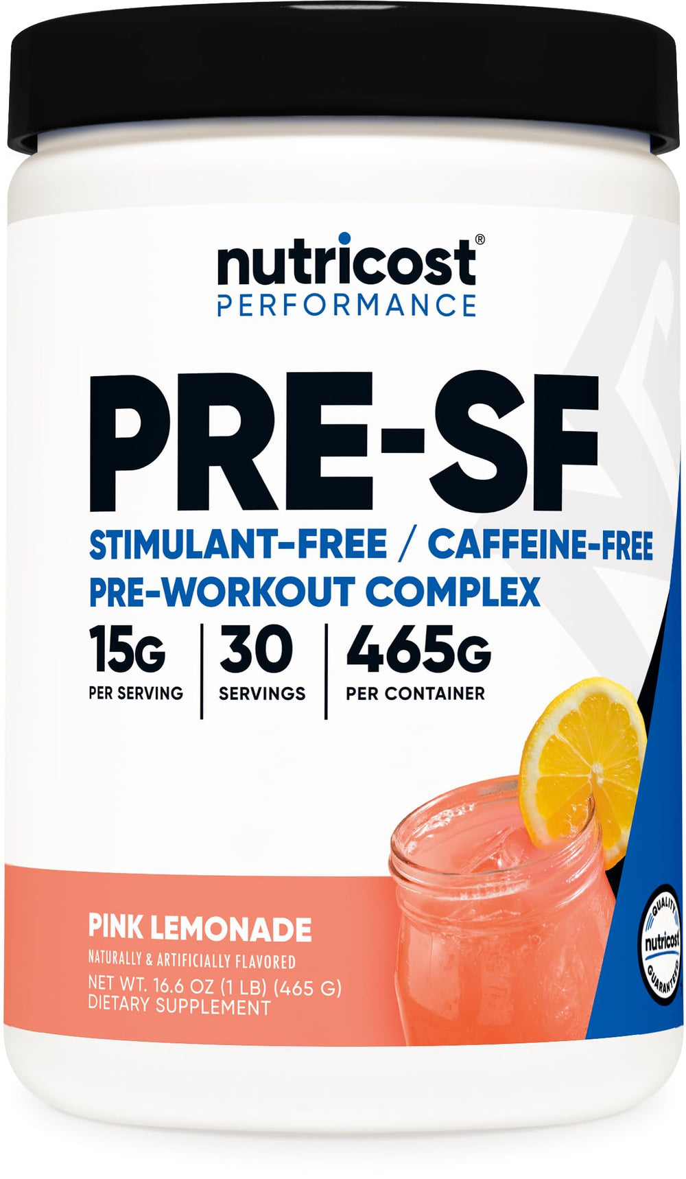 Nutricost Stim-Free Pre-Workout Pink Lemonade bottle on gym shelf for caffeine-free energy support.