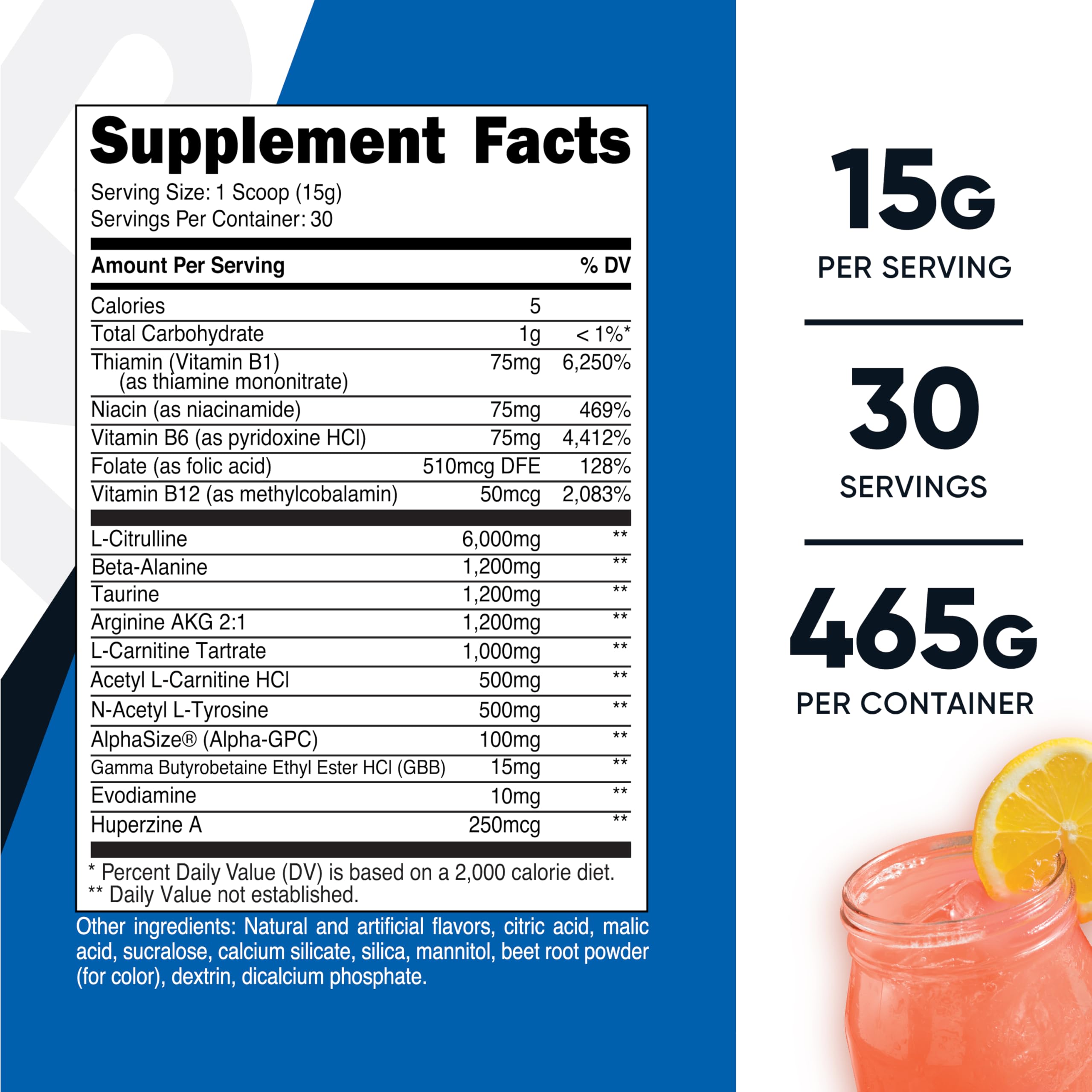 Nutricost Stim-Free Pre-Workout pink lemonade tub with scoop for stimulant-free workouts.