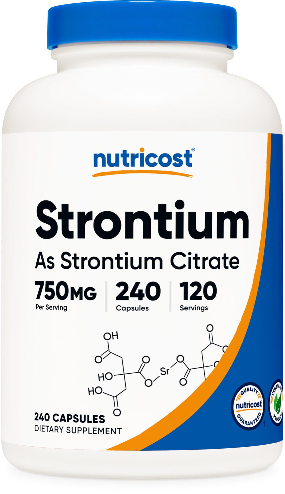 Nutricost Strontium bottle with label for daily supplement use.